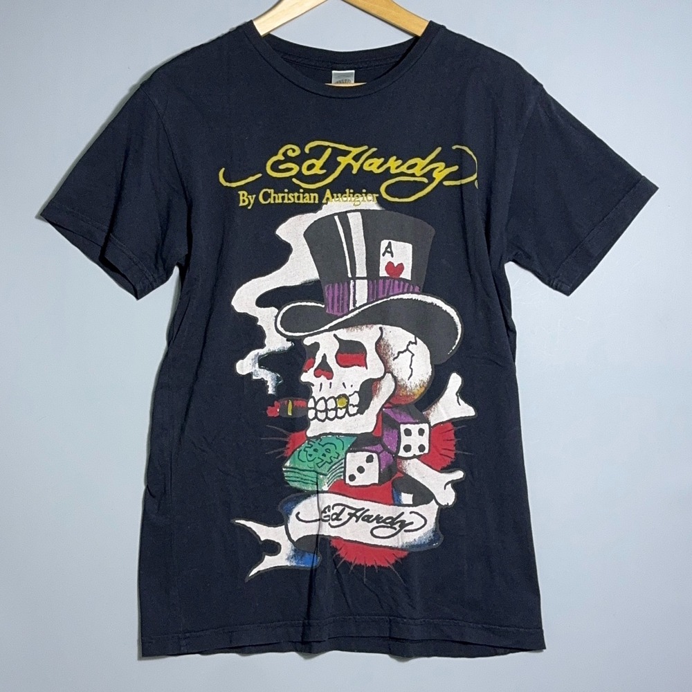 Ed Hardy Y2K Graphic T Shirt Mens Size Medium Cotton Skull Dice Black Cyber